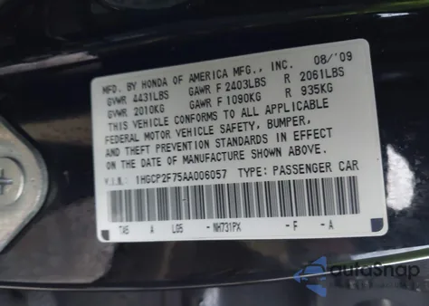 2010 Honda Accord 2.4 Ex из США, поврежденный, VIN 1HGCP2F75AA006057